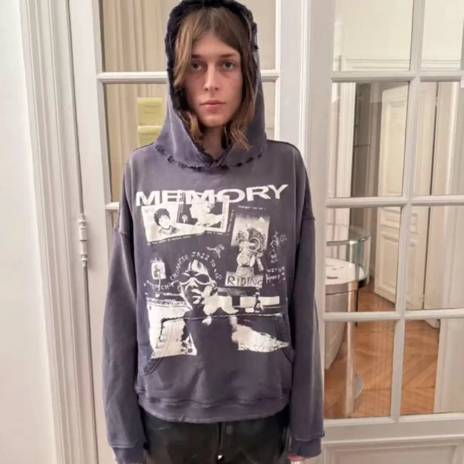 Enfants Riches Déprimés "Memory" Graphic Collage Hoodie - Washed Dark Grey Main Image