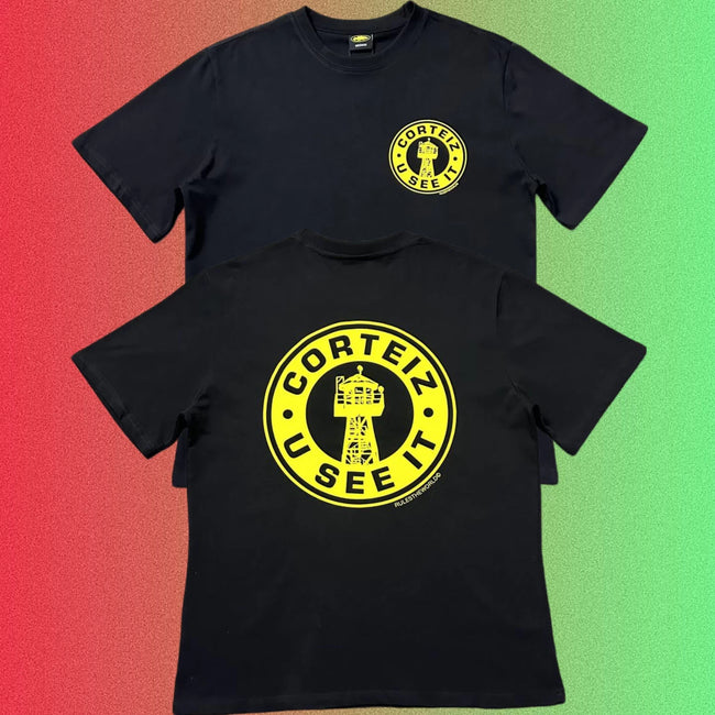 Corteiz U See It Yellow Round Logo Graphic Black T-Shirt (Front & Back Print) Hover Image