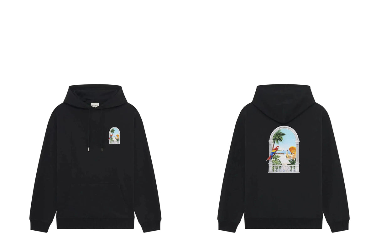 Drôle de Monsieur Black Tropical Arch Window and Parrot Graphic Print Heavyweight Fleece-Lined Drawstring Hoodie