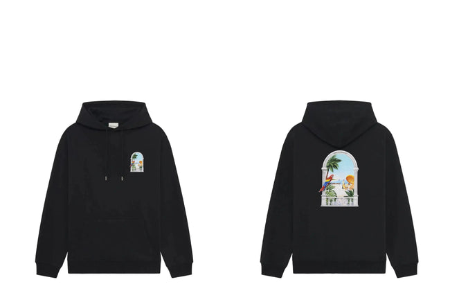 Drôle de Monsieur Black Tropical Arch Window and Parrot Graphic Print Heavyweight Fleece-Lined Drawstring Hoodie Hover Image