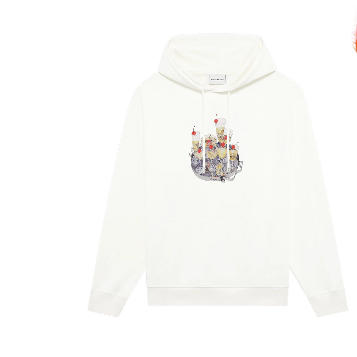 Drôle de Monsieur White Champagne Glasses and Tray Graphic Print Heavyweight Fleece-Lined Drawstring Hoodie