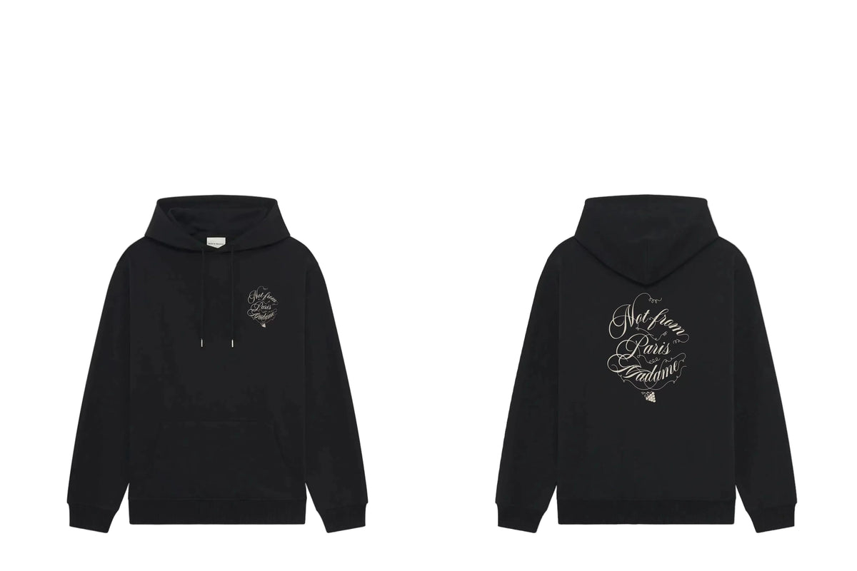 Drôle de Monsieur Black Vintage Calligraphy Logo and "Not From Paris Madame" Print Heavyweight Fleece-Lined Drawstring Hoodie