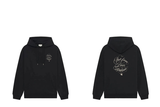 Drôle de Monsieur Black Vintage Calligraphy Logo and "Not From Paris Madame" Print Heavyweight Fleece-Lined Drawstring Hoodie Hover Image
