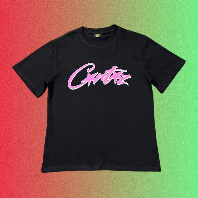 Corteiz Pink Cursive Star Script Logo Graphic Black T-Shirt Hover Image