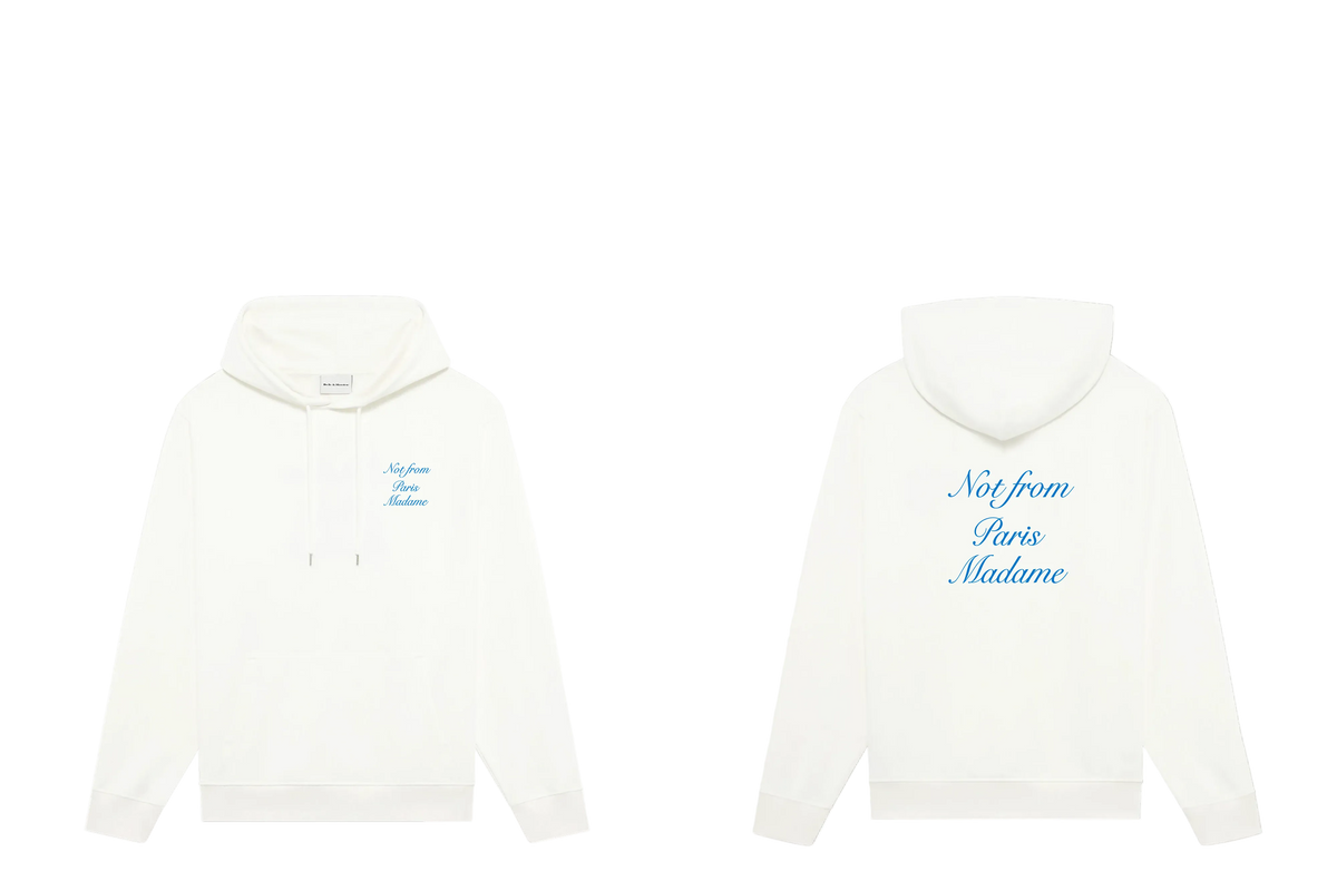 Drôle de Monsieur White Blue "Not From Paris Madame" Lettering Graphic Print Heavyweight Fleece-Lined Drawstring Hoodie