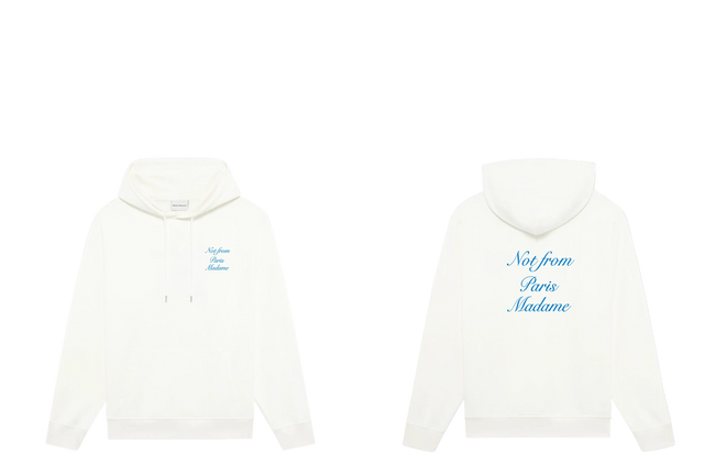 Drôle de Monsieur White Blue "Not From Paris Madame" Lettering Graphic Print Heavyweight Fleece-Lined Drawstring Hoodie Hover Image