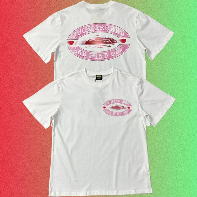 Corteiz "Fuck Around And Find Out" Pink Oval Ship Logo Graphic Black T-Shirt (Front & Back Print) Main Image