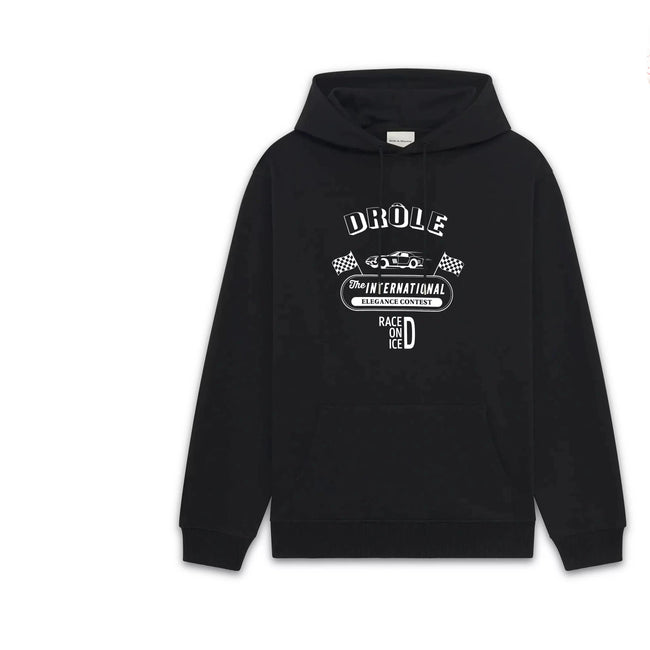 Drôle de Monsieur Black Vintage Racing Car and Slogan Graphic Print Heavyweight Drawstring Hoodie Hover Image