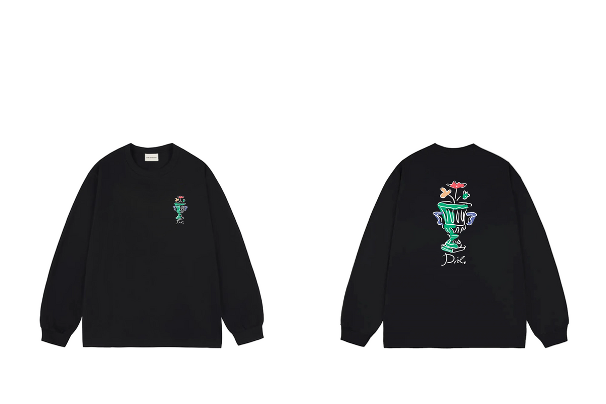 Drôle de Monsieur Black Artistic Vase & Flowers Graphic Print Long Sleeve Crewneck Sweatshirt