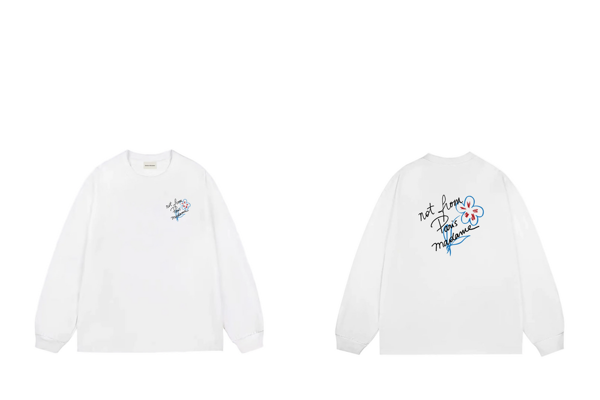 Drôle de Monsieur White "Not From Paris Madame" Hand-Drawn Floral Graphic Print Long Sleeve Crewneck Sweatshir