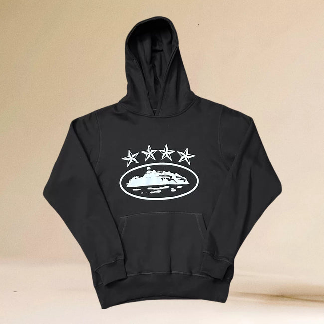 Corteiz Black & White 4-Star Alcatraz Island Logo Hoodie Hover Image