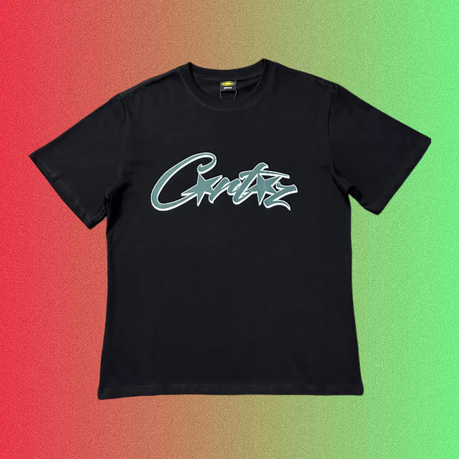 Corteiz Cursive Star Script Logo Graphic Black T-Shirt Hover Image