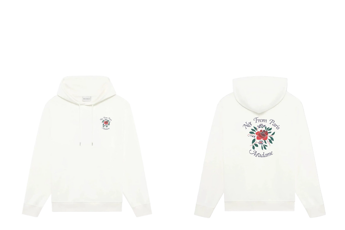 Drôle de Monsieur White Rose Floral Graphic and "Not From Paris Madame" Print Heavyweight Fleece-Lined Drawstring Hoodie