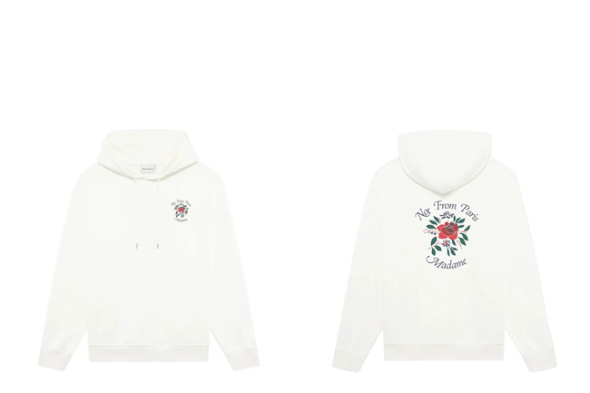 Drôle de Monsieur White Rose Floral Graphic and "Not From Paris Madame" Print Heavyweight Fleece-Lined Drawstring Hoodie Hover Image