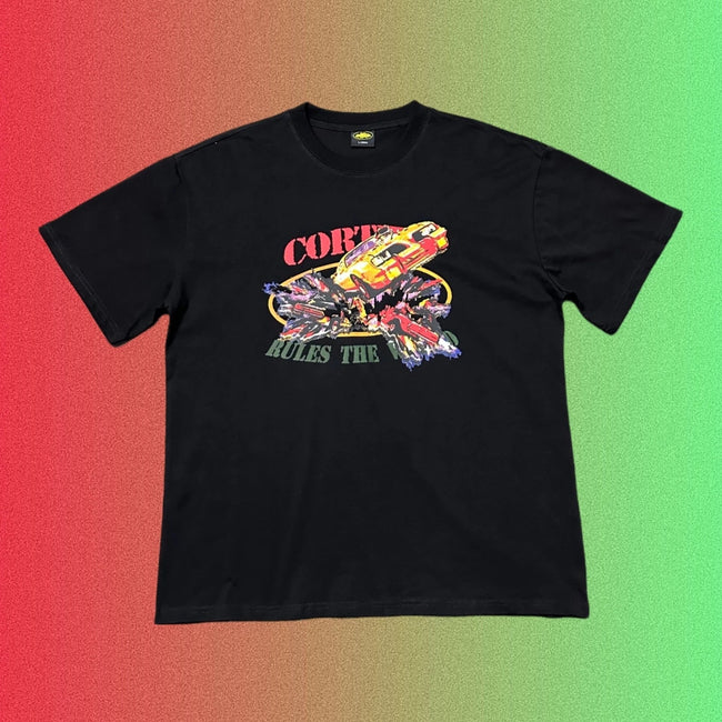 Corteiz Racing Car Crash "Rules The World" Graphic Black T-Shirt Hover Image
