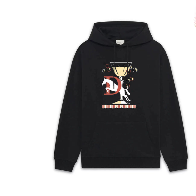 Drôle de Monsieur Black Champagne Glass and Jumping Horse Graphic Print Heavyweight 420g Fleece-Lined Drawstring Hoodie Hover Image