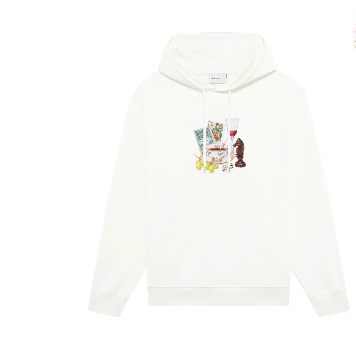Drôle de Monsieur White Still Life Elements (Cards, Wine Glass, Chess) Graphic Print Heavyweight Drawstring Hoodie