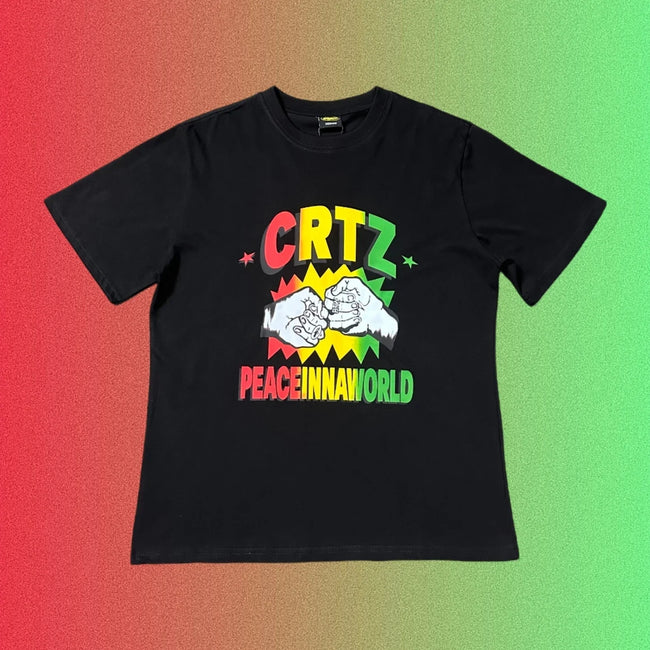 Corteiz CRTZ Peace Inna World Fist Bump Graphic Black T-Shirt Hover Image