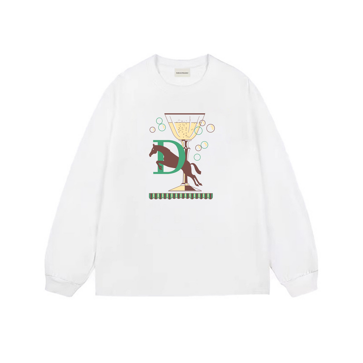 Drôle de Monsieur White Champagne Glass and Jumping Horse Graphic Print Long Sleeve Crewneck Sweatshirt