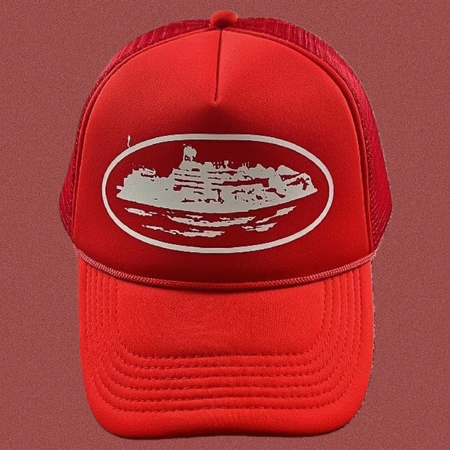 Corteiz Bold White Oval Ship Logo Trucker Hat - Red Hover Image
