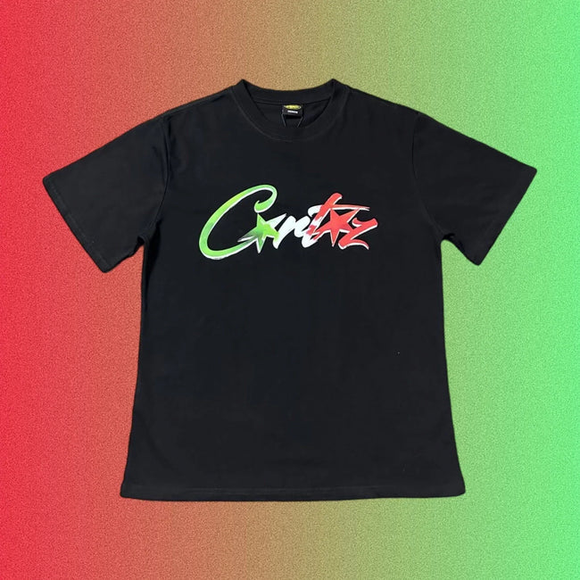 Corteiz Script Logo Green and Red Black T-Shirt Hover Image