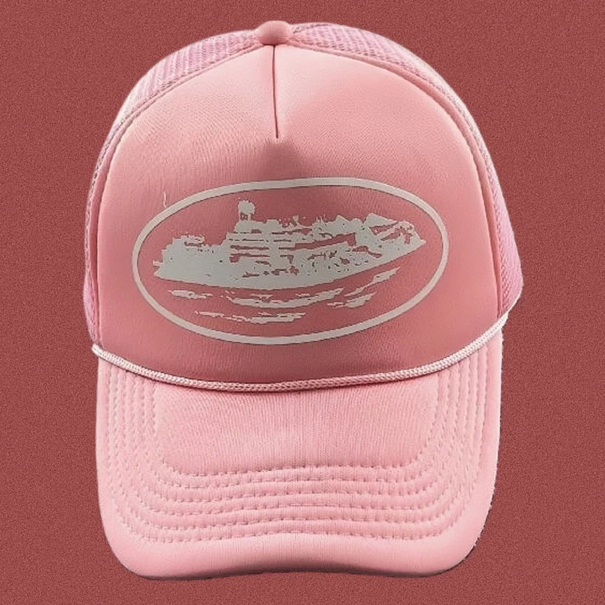 Corteiz Bold White Oval Ship Logo Trucker Hat - Pink