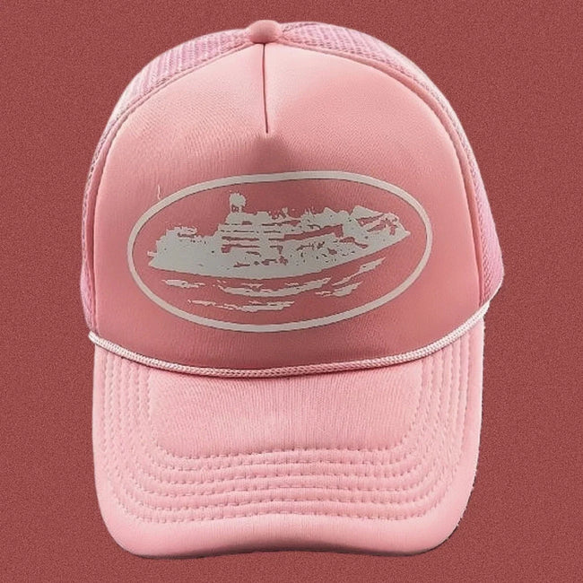 Corteiz Bold White Oval Ship Logo Trucker Hat - Pink Hover Image