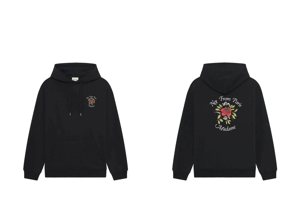 Drôle de Monsieur Black Rose Floral Graphic and "Not From Paris Madame" Print Heavyweight Fleece-Lined Drawstring Hoodie