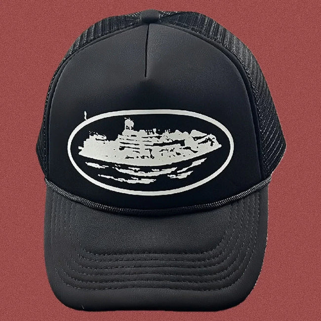 Corteiz Bold White Oval Ship Logo Trucker Hat - Black Hover Image