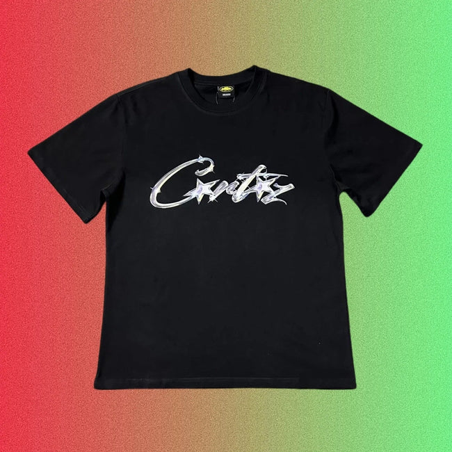 Corteiz Blue Script Logo Graphic Black T-Shirt Hover Image