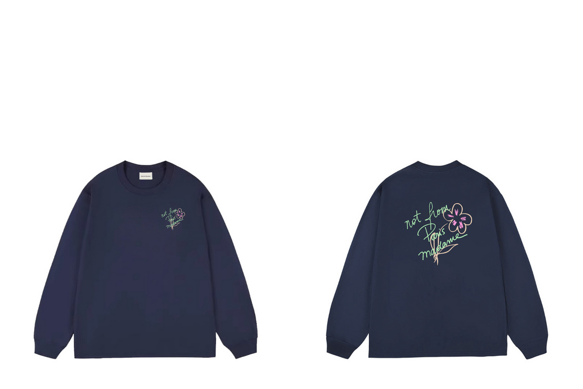 Drôle de Monsieur Navy Blue Floral & Script Graphic Print Long Sleeve Crewneck Sweatshirt