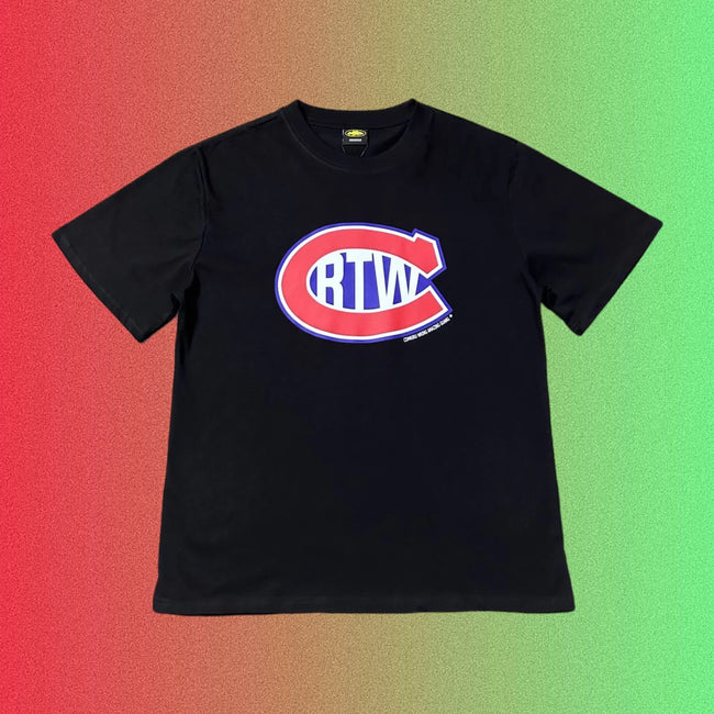 Corteiz Blue Cursive Star Script Logo Graphic Black T-Shirt Hover Image
