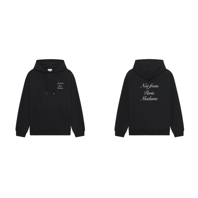 Drôle de Monsieur Black "Not From Paris Madame" Lettering Graphic Print Heavyweight Fleece-Lined Drawstring Hoodie Hover Image