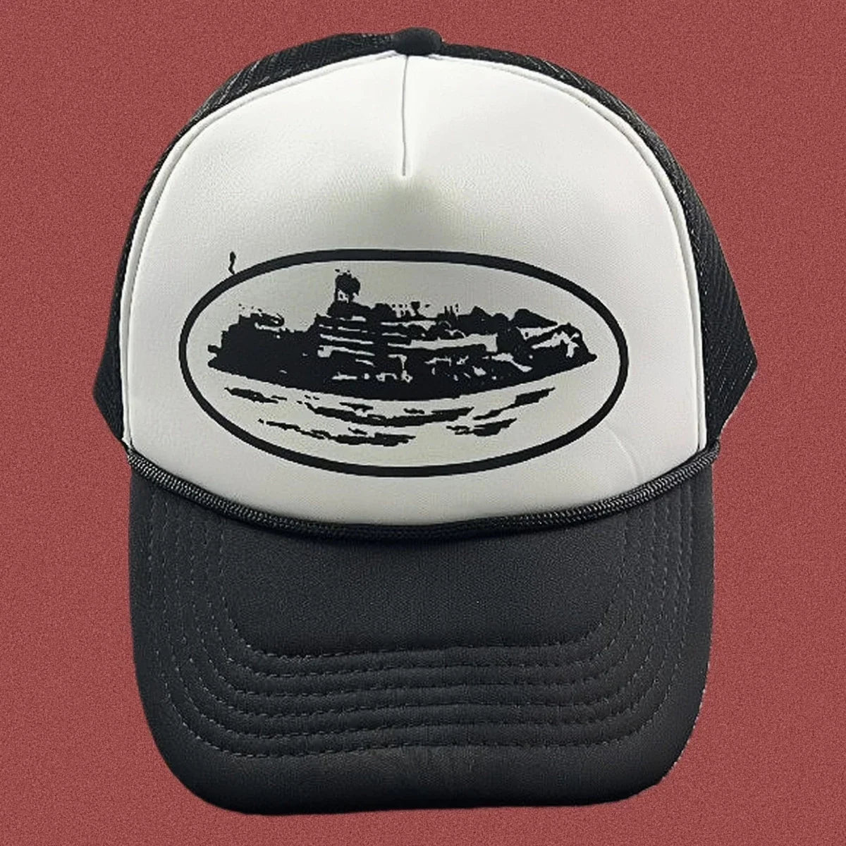 Corteiz Bold Black Oval Ship Logo Trucker Hat - White