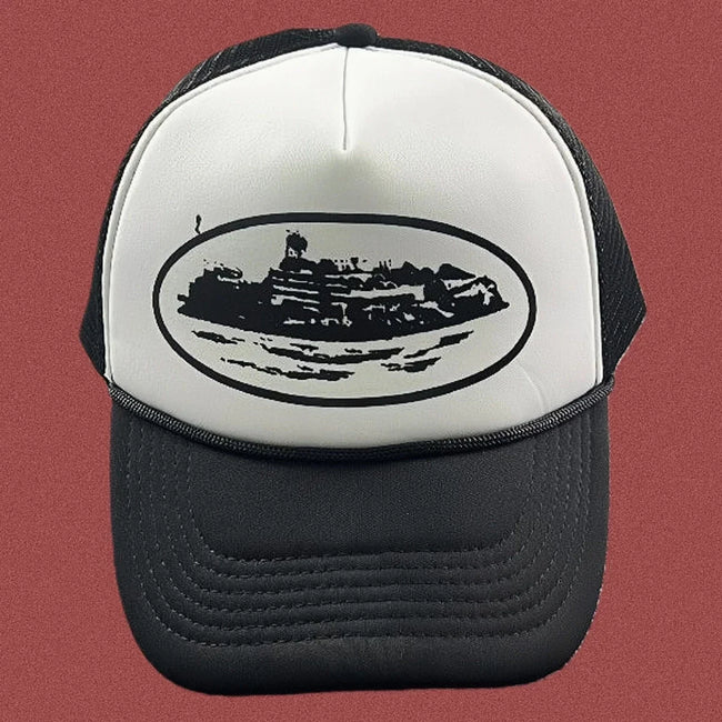Corteiz Bold Black Oval Ship Logo Trucker Hat - White Hover Image