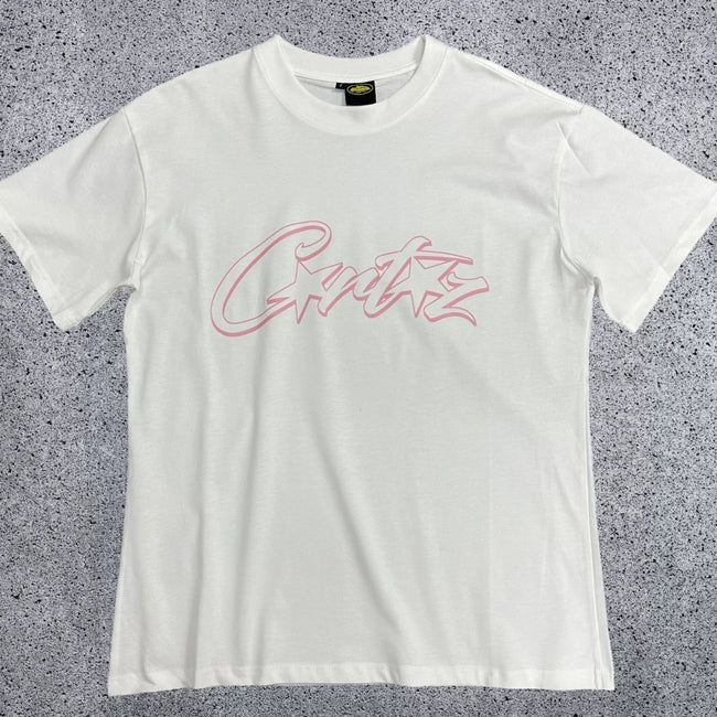 Pink Accent Star-Logo Graphic Tee - White & Pink Streetwear T-Shirt Hover Image
