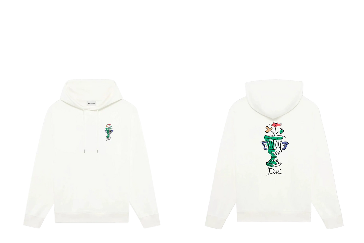 Drôle de Monsieur White Art Illustration Graphic Heavyweight Fleece-Lined Drawstring Hoodie