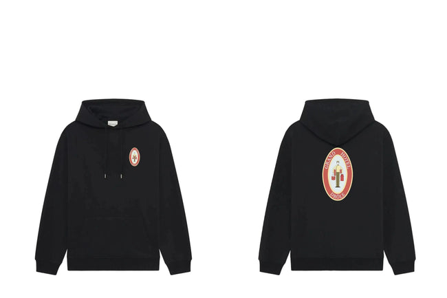 Drôle de Monsieur Black "Grand Hotel" Oval Emblem Graphic Print Heavyweight Drawstring Hoodie Hover Image