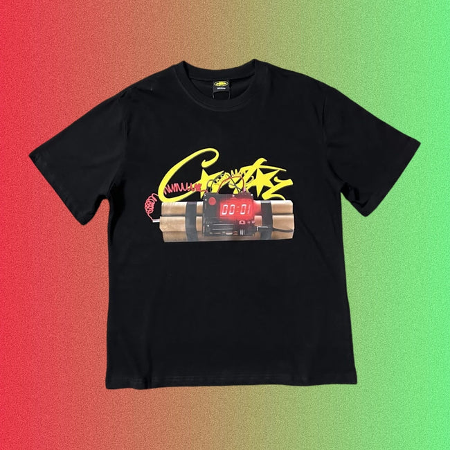 Corteiz Yellow Logo & Dynamite Bomb Graphic Black T-Shirt Hover Image