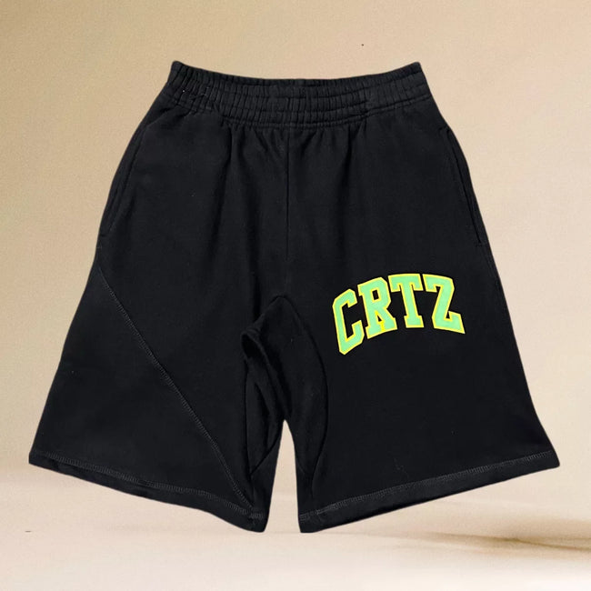 Corteiz Black & Neon Green CRTZ Arch Logo Shorts Hover Image