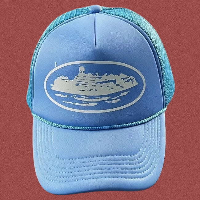 Corteiz Bold White Oval Ship Logo Trucker Hat - Light Blue Hover Image