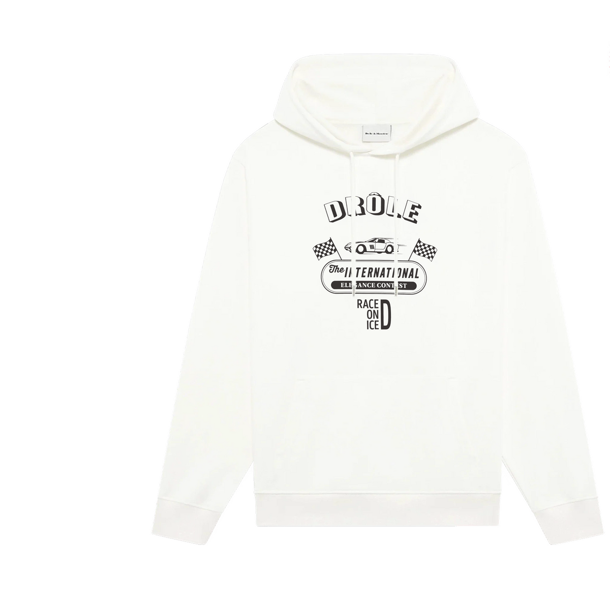Drôle de Monsieur White Vintage Racing Car and Slogan Graphic Print Heavyweight Drawstring Hoodie