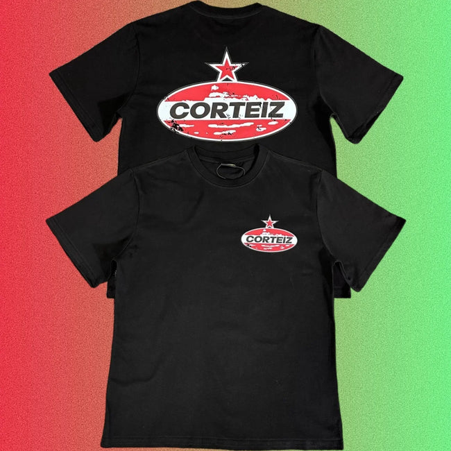 Corteiz Red Star Oval Logo Graphic Black T-Shirt (Front & Back Print) Hover Image
