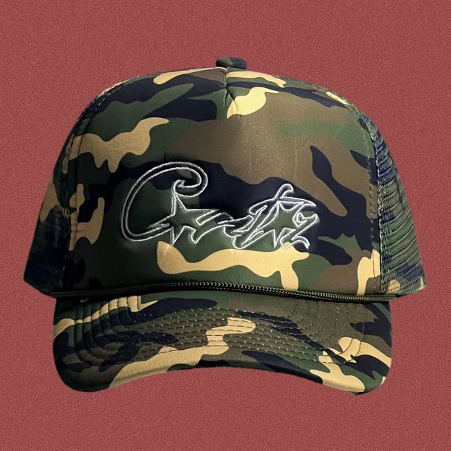 Corteiz Vintage Camo Trucker Hat with Signature Script Logo Hover Image