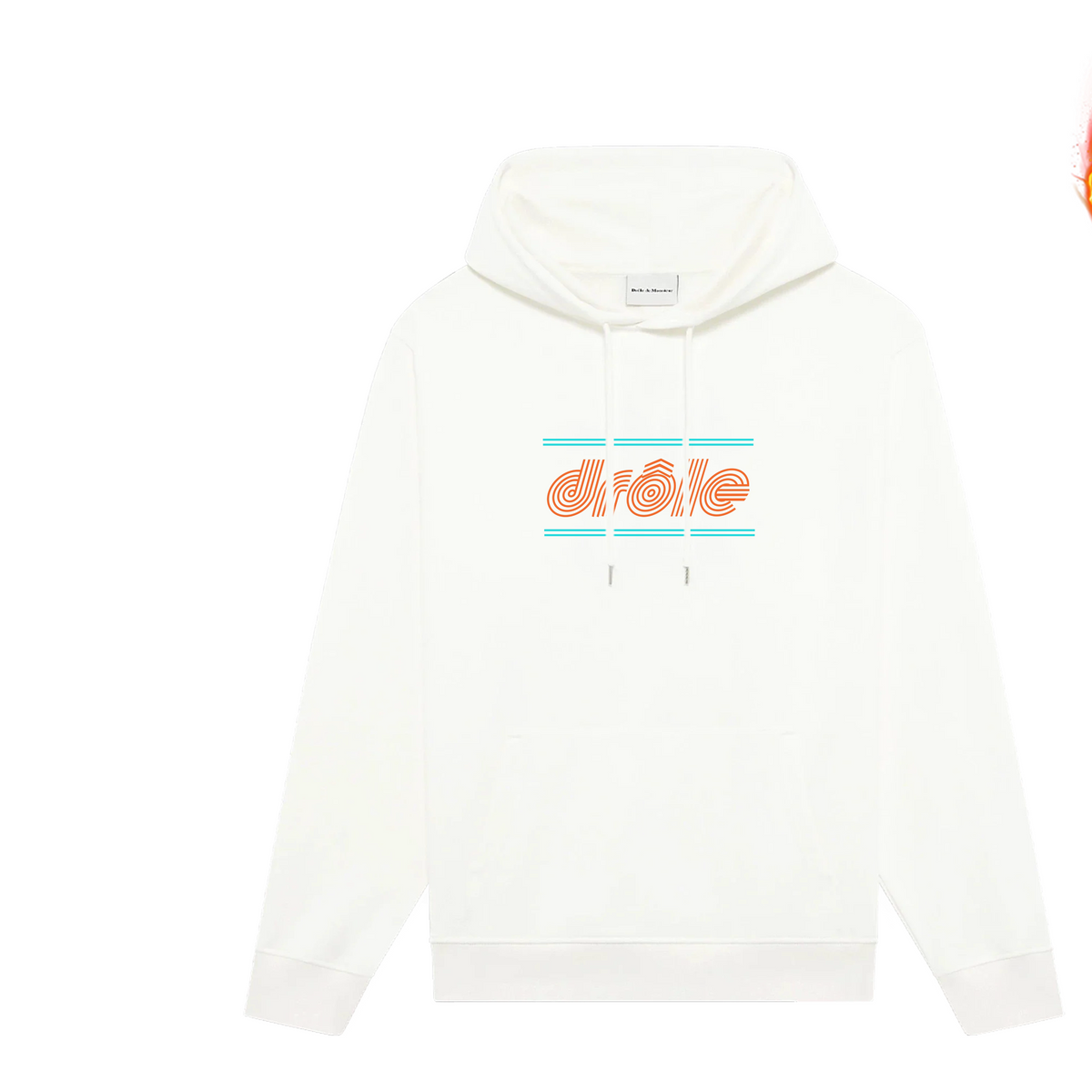 Drôle de Monsieur White Orange Logo and Light Blue Striped Box Graphic Print Heavyweight Fleece-Lined Drawstring Hoodie