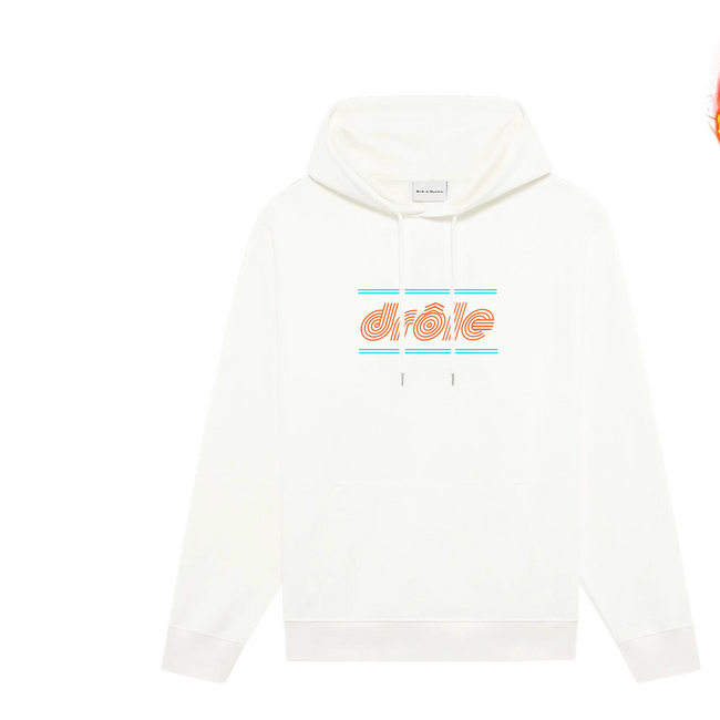 Drôle de Monsieur White Orange Logo and Light Blue Striped Box Graphic Print Heavyweight Fleece-Lined Drawstring Hoodie Hover Image