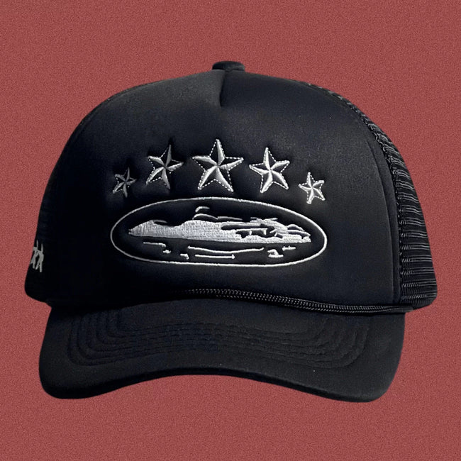 Vintage Black Trucker Hat with Silver Stars and Cruise Ship Graphic Hover Image