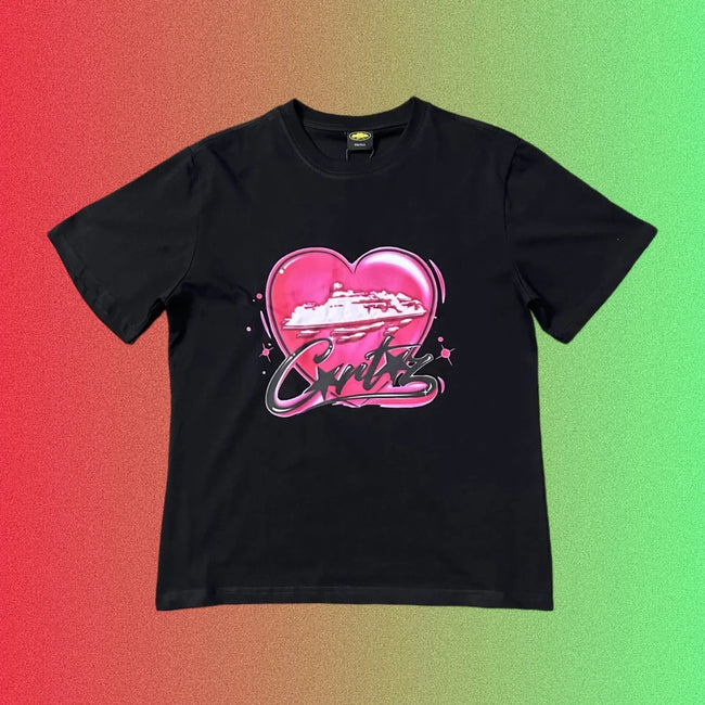 Corteiz Pink Heart Ship Logo Graphic Black T-Shirt Hover Image