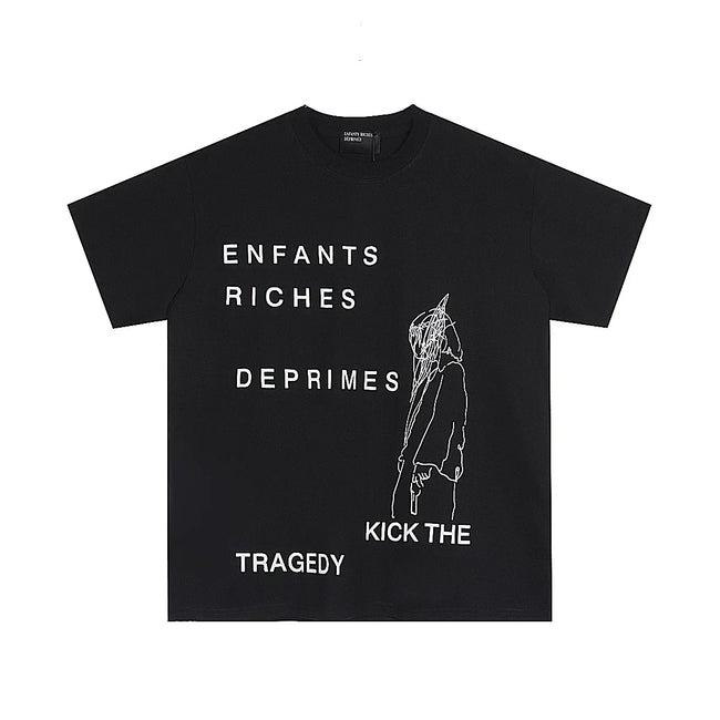 Enfants Riches Déprimés "Kick The Tragedy" Stacked Typography T-Shirt - Black Hover Image