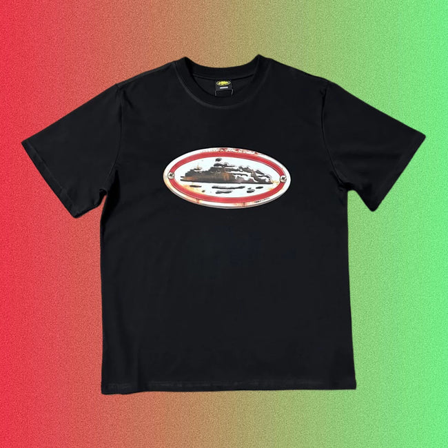 Corteiz Vintage Oval Ship Logo Graphic Black T-Shirt Hover Image